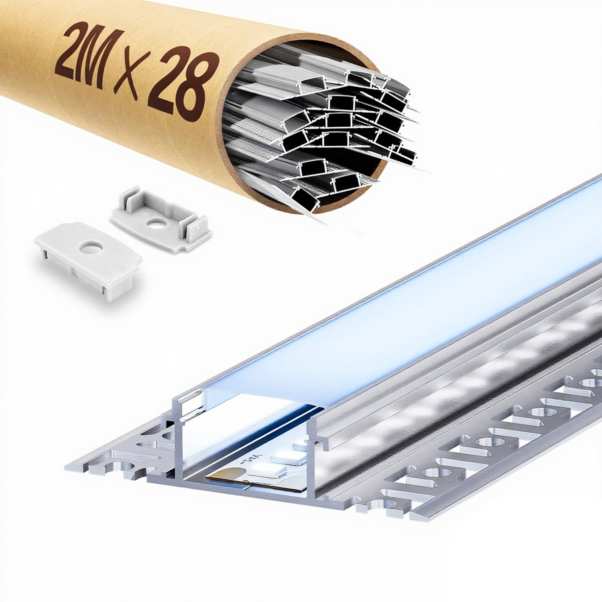 LED Aluminium Profil Einbau 2000×61,8×13,8mm für LED Strip ≤20mm Alu Profil Gipskarton & Trockenbau, Einbauprofil Aluminium mit PC Abdeckung Endkappen Schiene flächenbündig für Wand Decke (28×2m=56m)