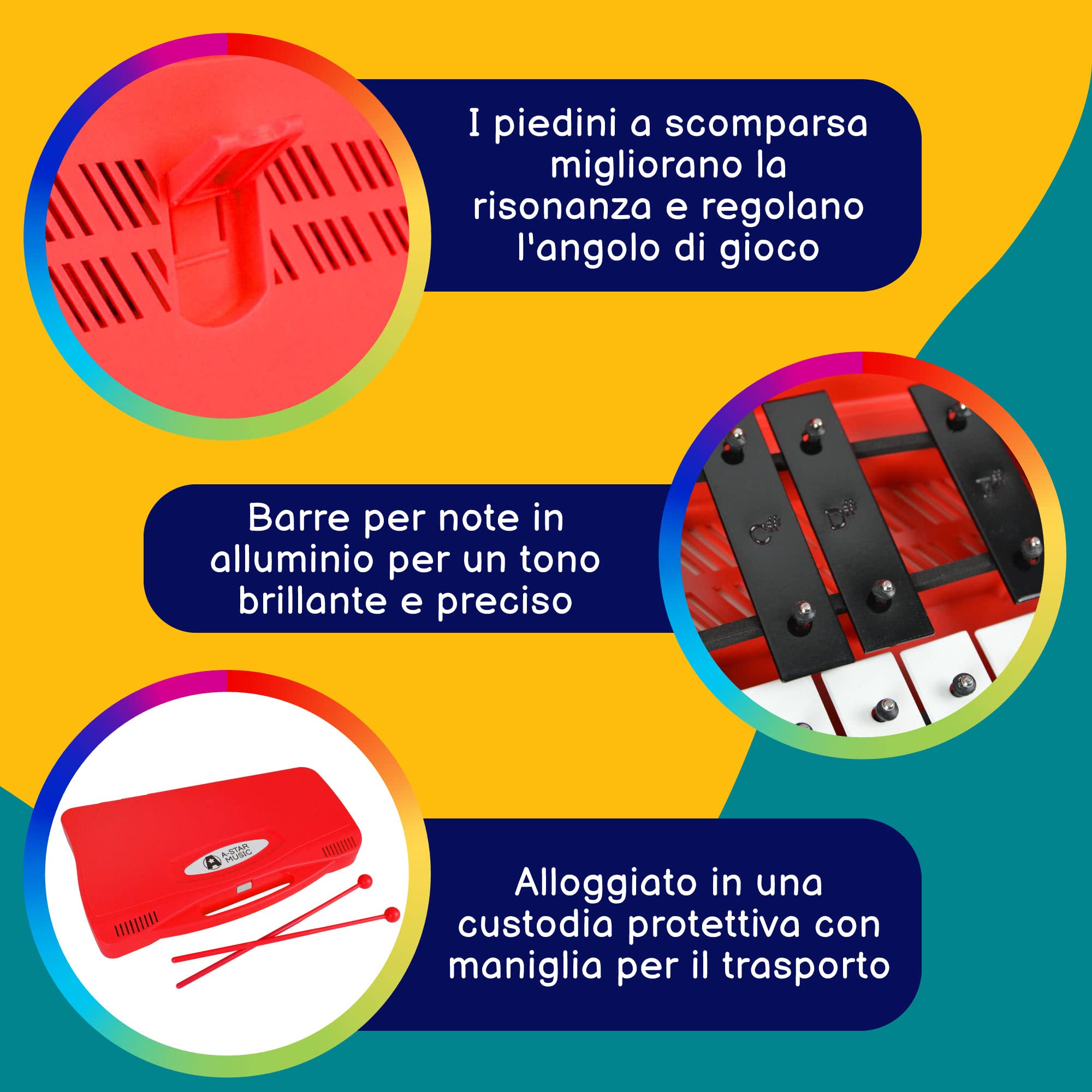 A-Star Xilofono Glockenspiel cromatico soprano a 25 note in custodia rossa con tasti neri/bianchi e due battitori in plastica - 2 ottave da G5 a G7