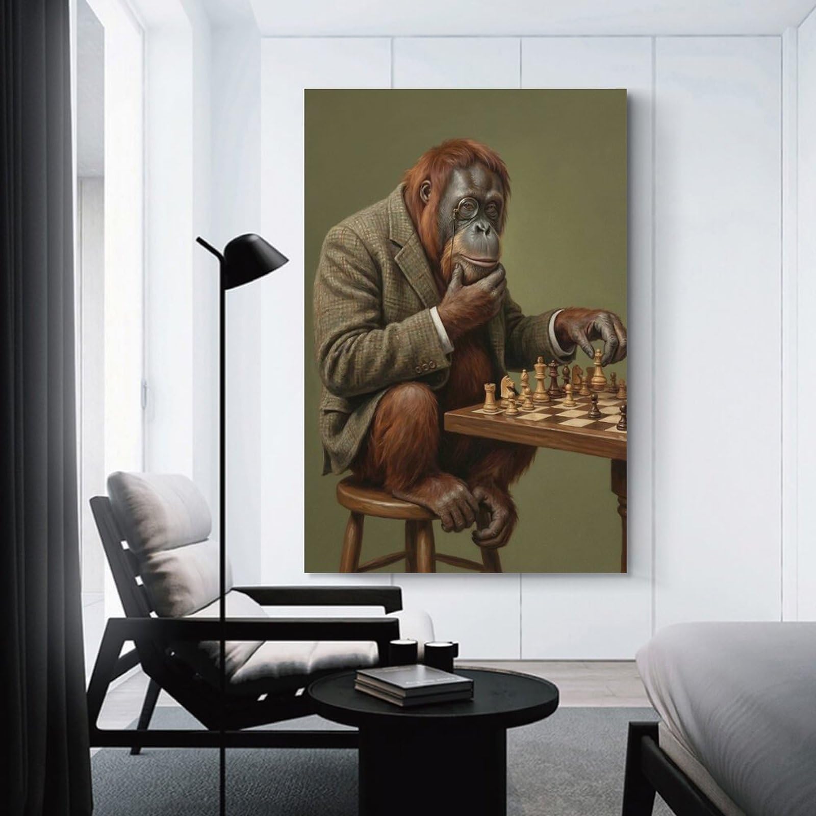 Junmoney Canvas Art Print Orangutan Chess Player, 12x18inch(30x45cm), for Office, Study Or Home Workspace, Home Office Artwork with Decorative Appeal