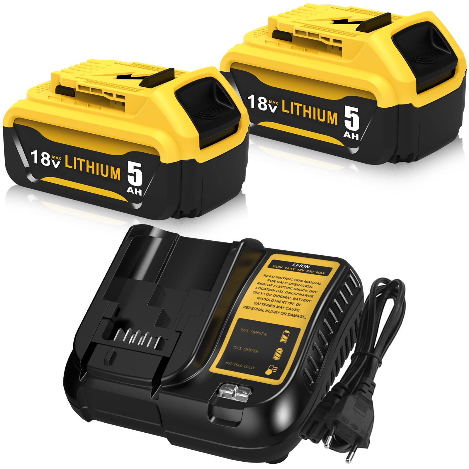 2 Pezzi Ricambio per Dewalt Batteria 18V 5.0Ah + Caricabatterie DCB107 10.8V-20V per DCB184 DCB180 DCB181 DCB182 DCB200 DCB201 DCB204