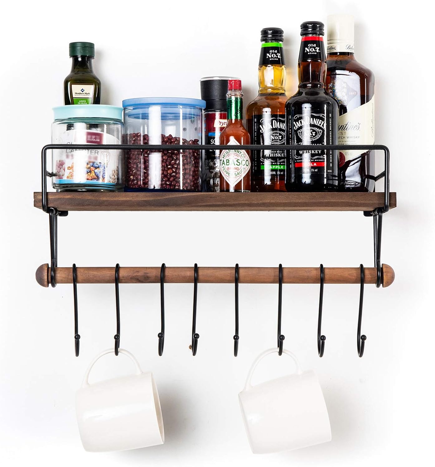 SODUKU Floating Shelf Wall Shelf for Storage Rustic Wood Kitchen Spice Rack and Bathroom Shelf with Rail and Removable Towel Bar and 8 Hooks Brown