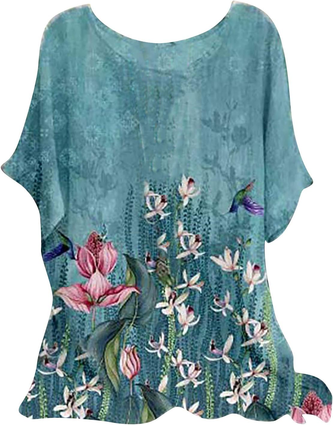 レディースクルーネックフローリーブラウスリネンコットンTシャツトップス半袖ヴィンテージ快適チュニックTシャツ（ブルー3X）