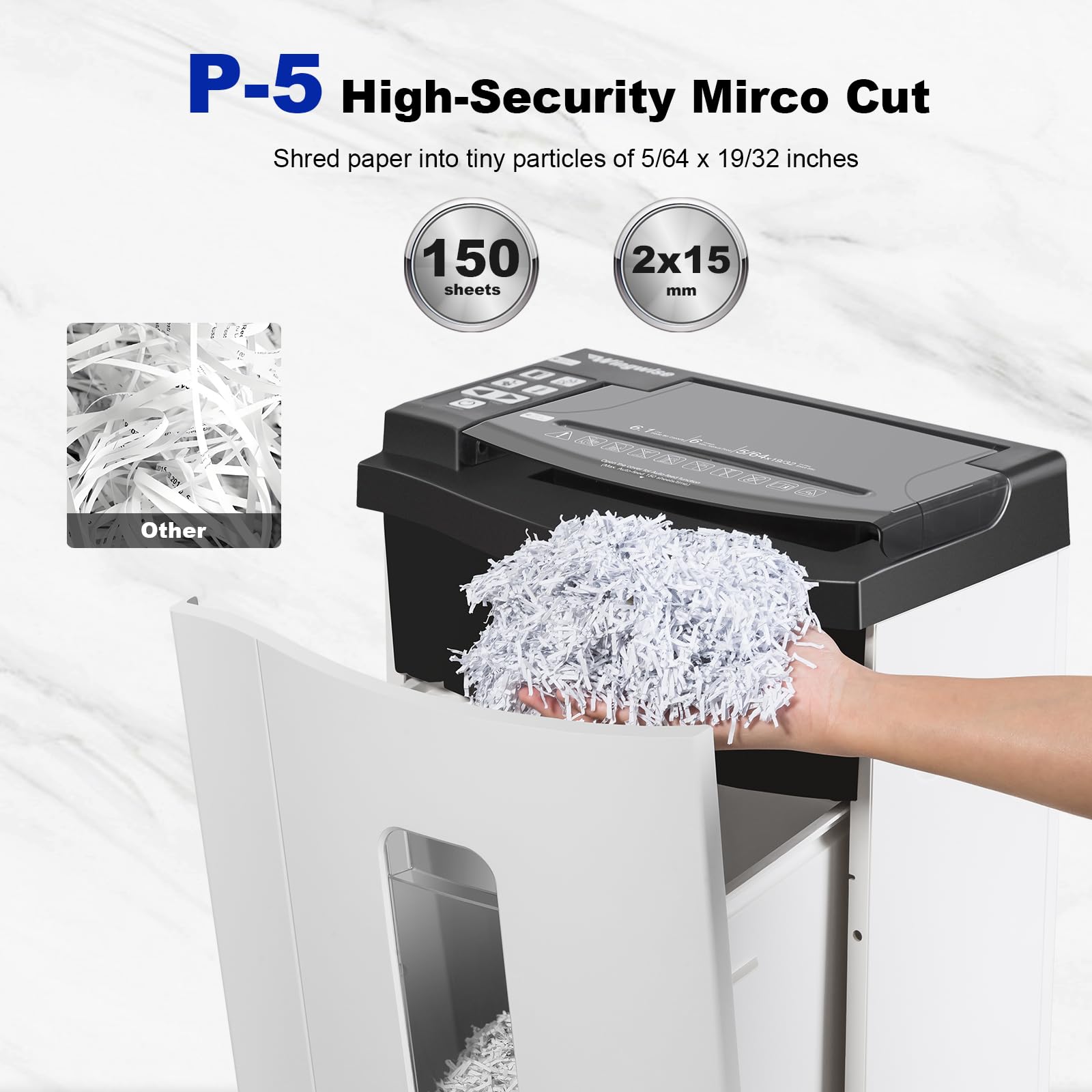 Wingwise Trituradora de papel de alimentación automática de 150 hojas, micro corte P-5 de alta seguridad (5/64 x 19/32 pulgadas), contenedor grande de 6 galones, funcionamiento continuo de 40 minutos
