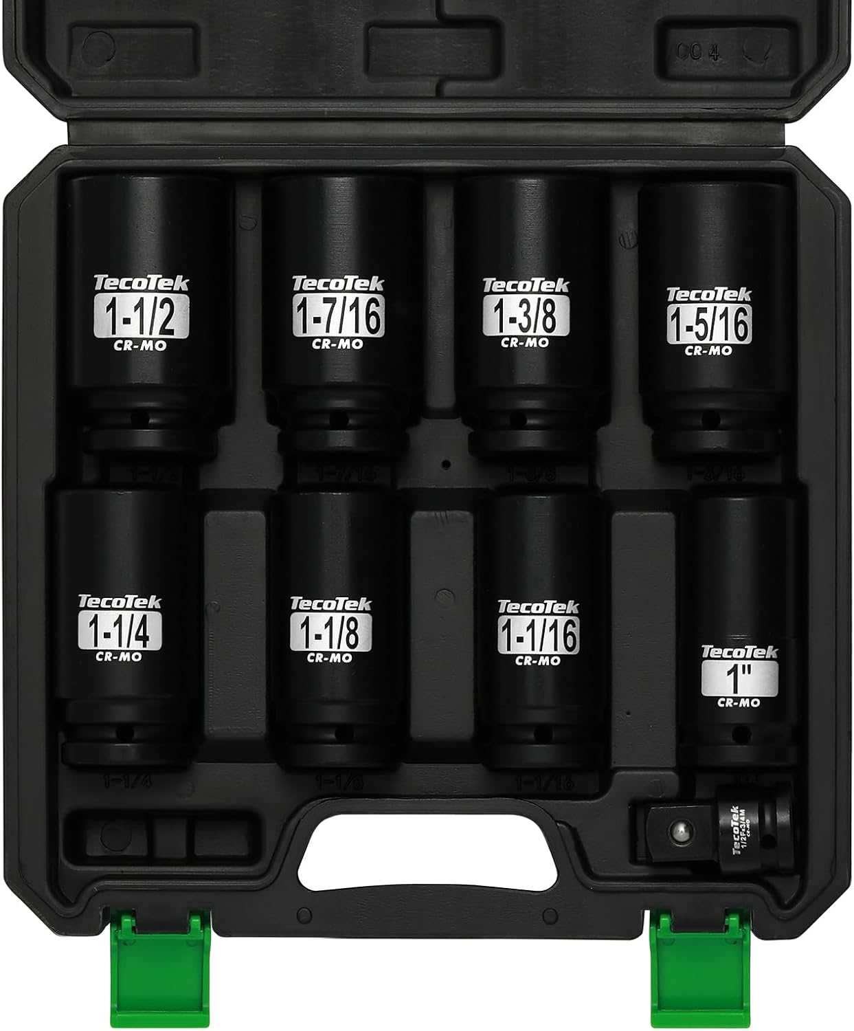 TecoTek 3/4" Drive Deep 6-Point Impact Socket Set, 9-Piece Jumbo Assortment, SAE, Cr-Mo, 1-Inch to 1-1/2-Inch Size, 1/2" F to 3/4" M Impact Socket Adapter