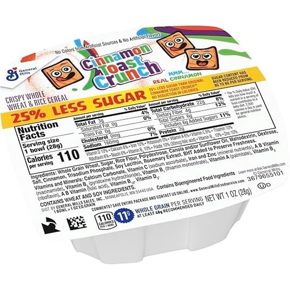 General Mills Reduced Sugar Cinnamon Toast Crunch Cereal, 1 Ounce - 96 per case.
