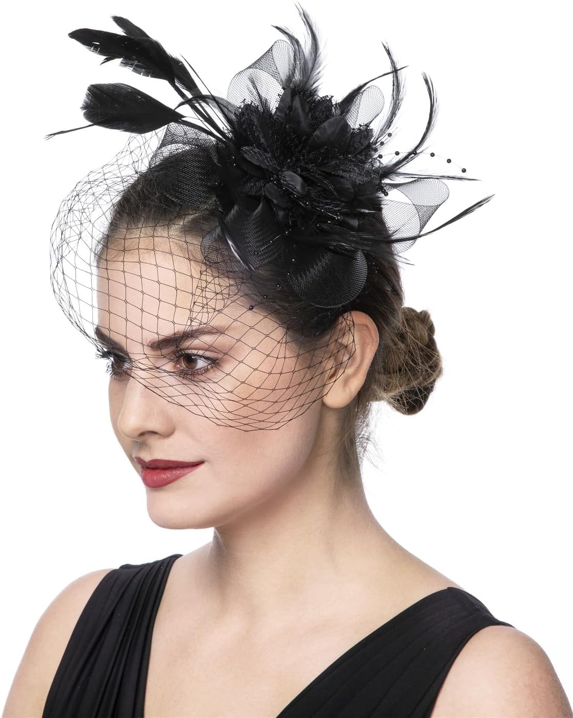 SAFERIN Women's Fascinators Feathers Tea Party Hat Veil Headband with Hair Clip for Cocktail Church