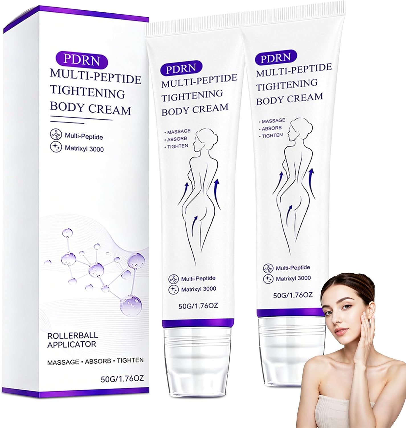Multi-Peptide Massaging Body Roller Cream, Hydrating Skin Care Cream with Massaging Roller Applicator, Suitable for Most Skin Types, 2PCS