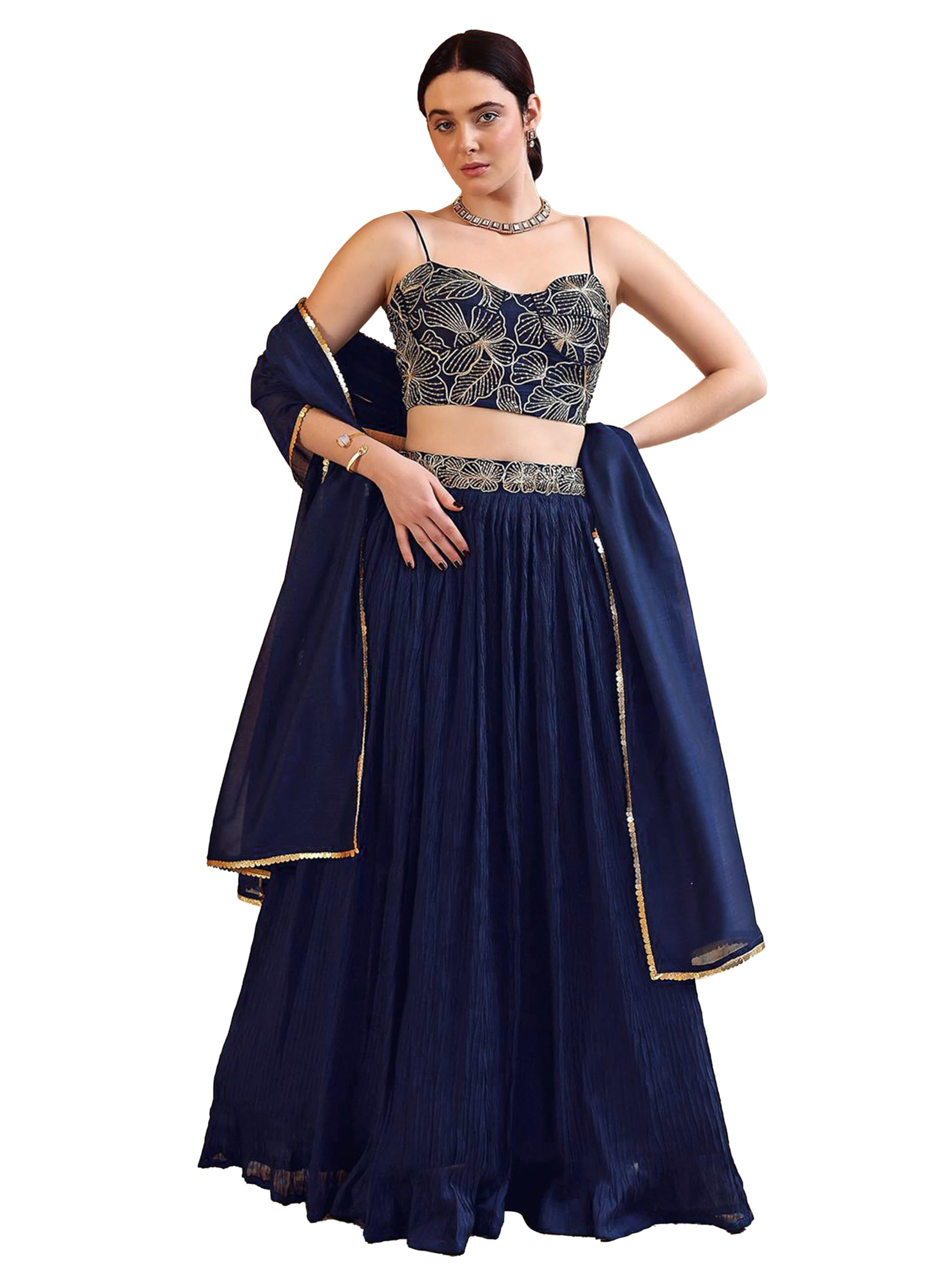 trendmalls Women's Art Silk Embroidery With Sequence Work Lehenga Choli Unstitch Blouse with Dupatta For Women (L325-NavyBlue-SemiStitch)-picture-16
