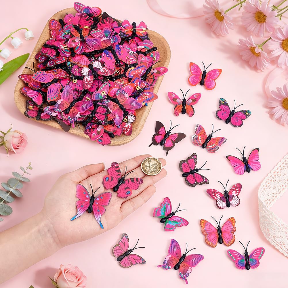 UNICRAFTALE 100Pcs PVC Artificial Butterfly Decorations Reusable Crimson Butterflies Decor with Metal Safety Pins for Dining Table Office Home Wall Ornaments image 2