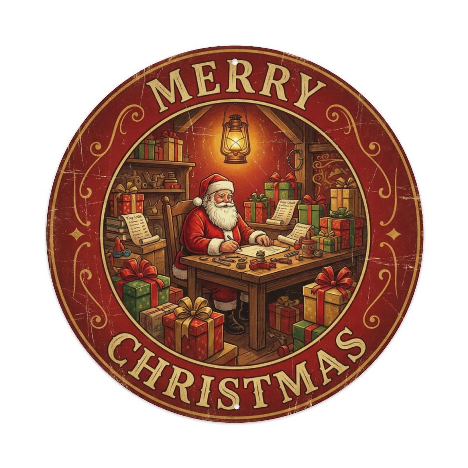 Merry Christmas Santa Workshop Busy Metal Tin Sign
