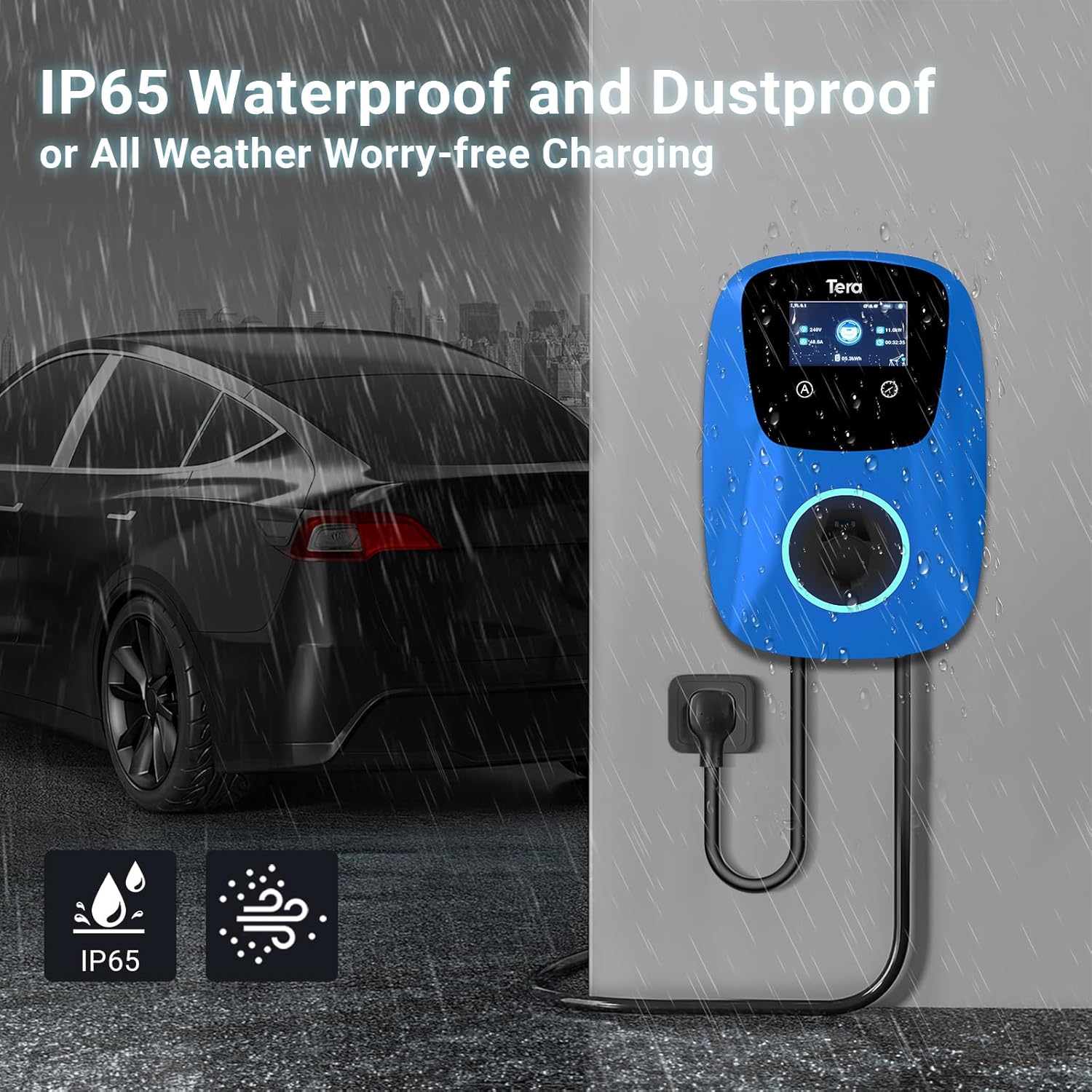 The Tera EV Charger installed outdoors in rainy conditions, demonstrating its IP65 waterproof and dustproof rating.