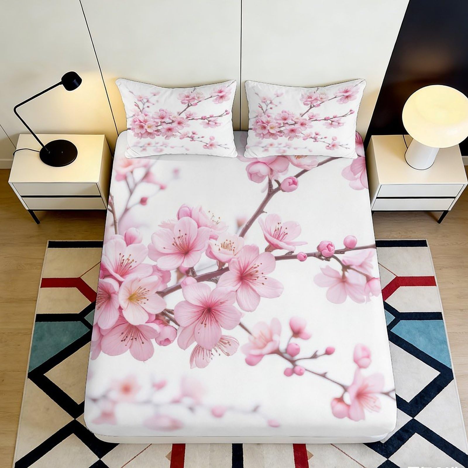 3D Printed Sakura Blossom Fitted Sheet Microfiber Soft Pink Cherry Flowers Mattress Cover Bedroom Decor 180x200x25cm
