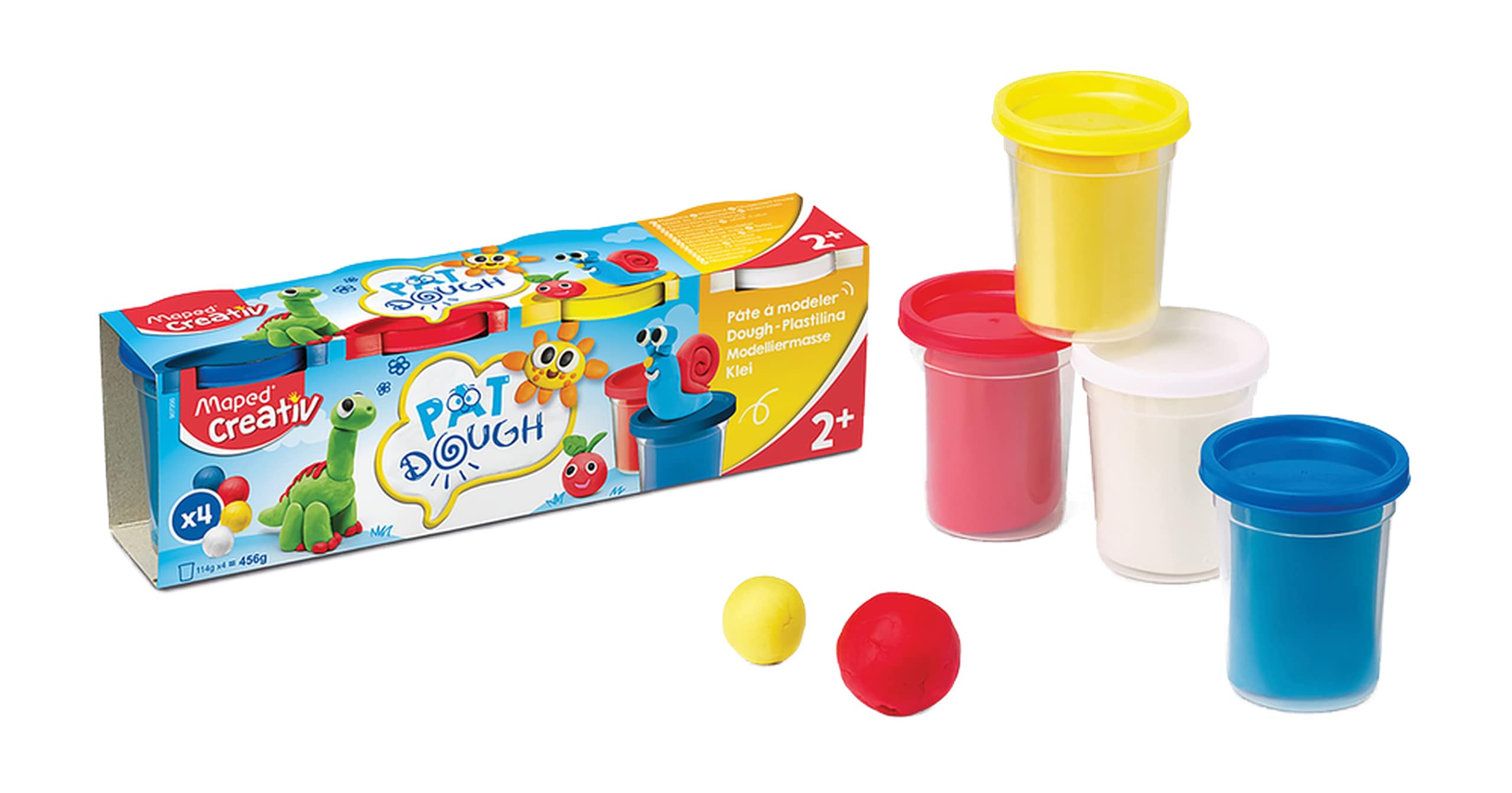 Maped - Set de Manualidades para Niños - Pat Dough 4 Botes Colores Clásicos - A Partir de 2 Años - Masa para Modelar - Textura Suave y No Pegajosa - Azul, Blanco, Amarillo y Rojo