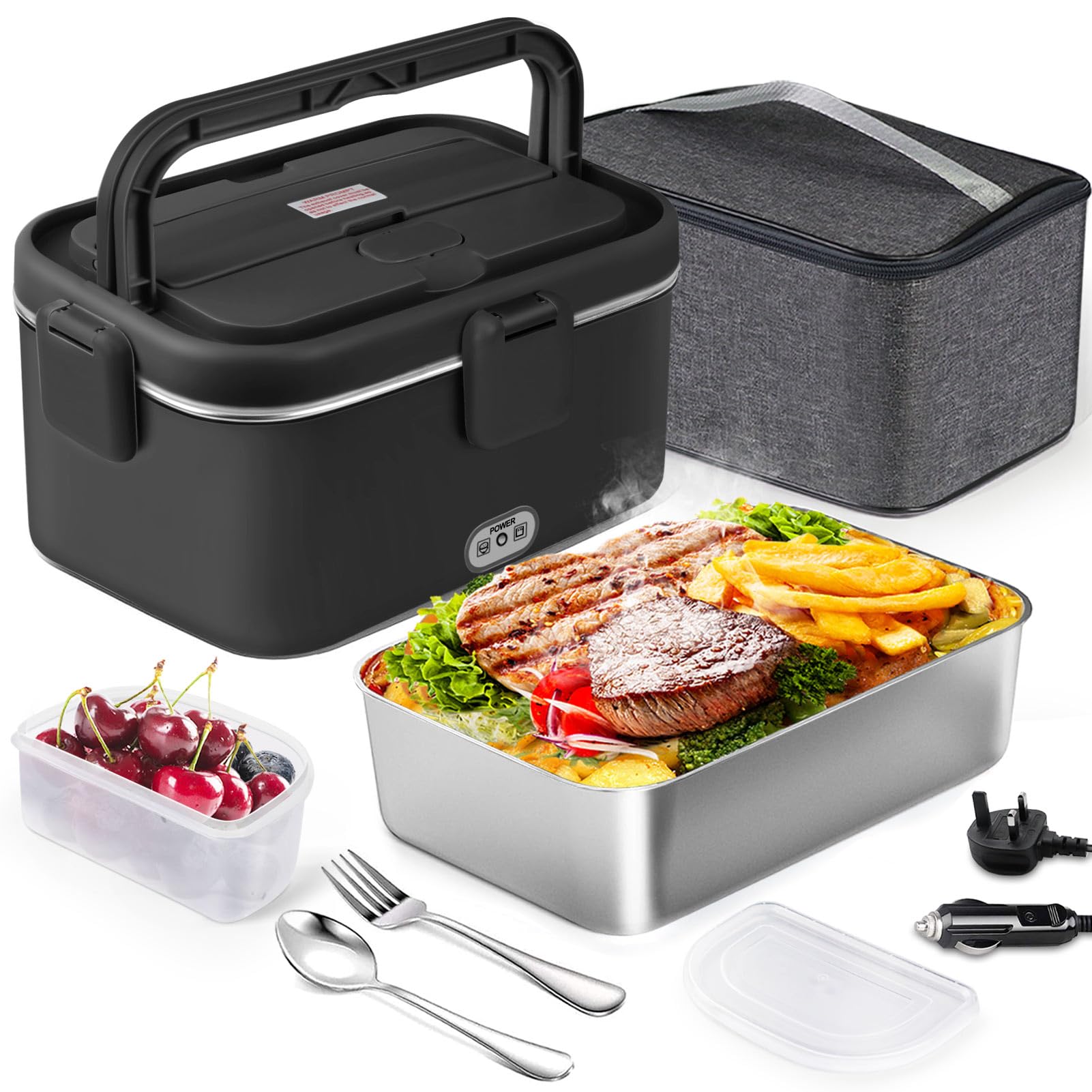 AUTOPkio Electric Lunch Box 1.8L 80W, 12V/24V/220V Upgraded Large Heated Lunchbox Heating Food Warmer with Carry Bag Fork Spoon for Car Truck Office (Black)