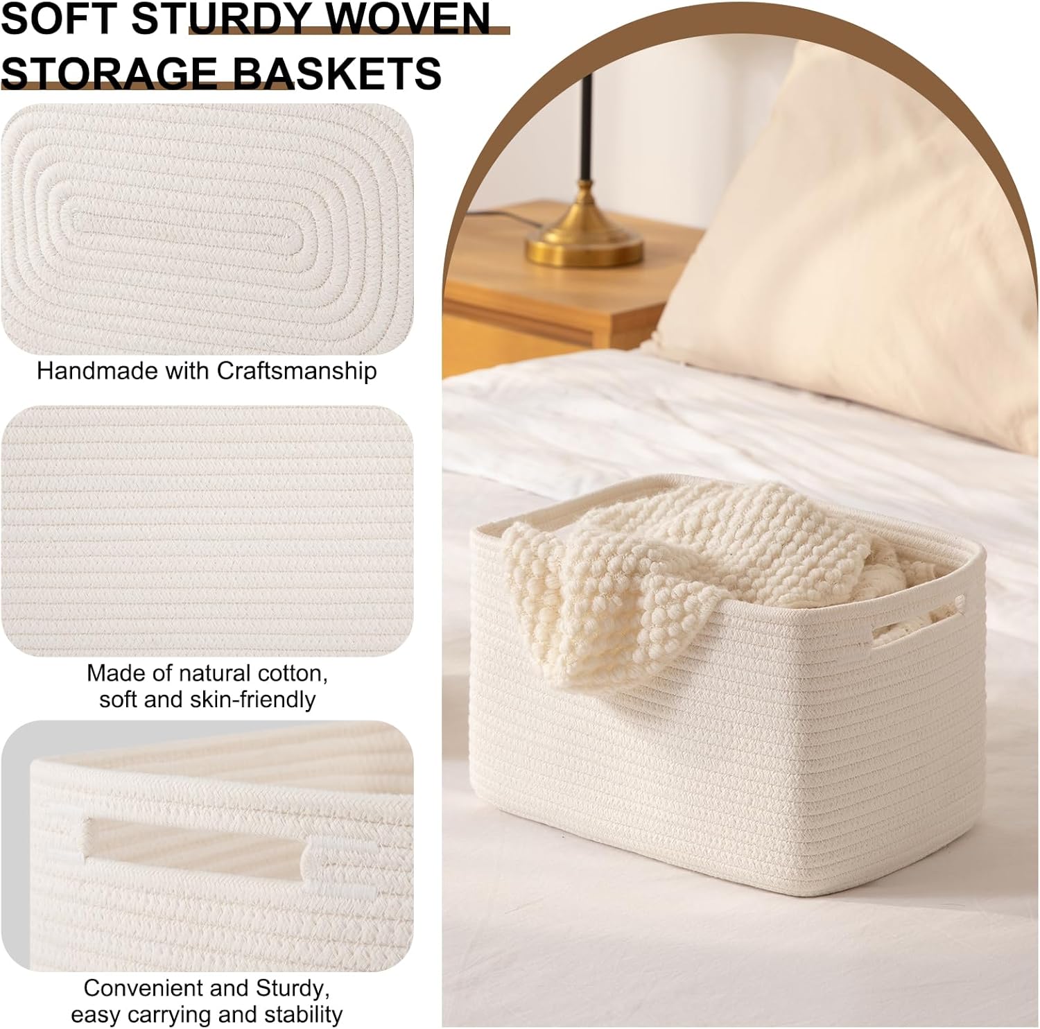 Storage Baskets for Organizing, Woven Decorative Baskets for Shelves - Books, Towels, and Clothes, Cotton Rope Toy Storage Bins, 12.7''Lx9''Wx7.8''H, Pack of 4, White - Image 3