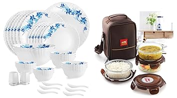Blue Swirl Dazzle Series Opalware Dinner Set, 35-Pieces, Service for 6, White & Cello Maxfresh Glassy Seal O Fresh Round Borosilicate Microwavable Glass Lunch Box, Brown, 400 ml Each, Set of 3