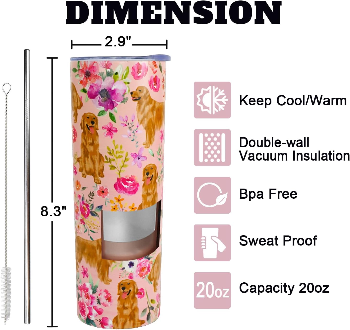 Golden Retriever Gifts for Women Cute Dog Tumbler Coffee Cup for Women Golden Retriever Travel Mug 20 Oz Stainless Steel Insulated Water Bottle With Lid and Straw