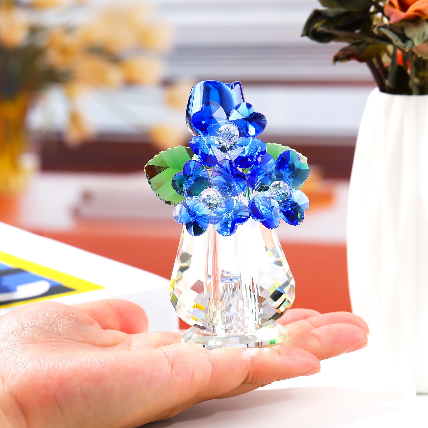 Arikyrist Adorno de ramo de flores de cristal para mujer, figura de rosa de cristal para decoración del hogar (azul)