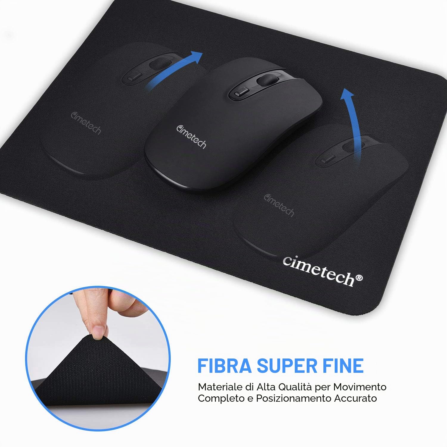 cimetech Tappetino per Mouse in Fibra di Seta Liscia Antiscivolo Lavabile Nero Black