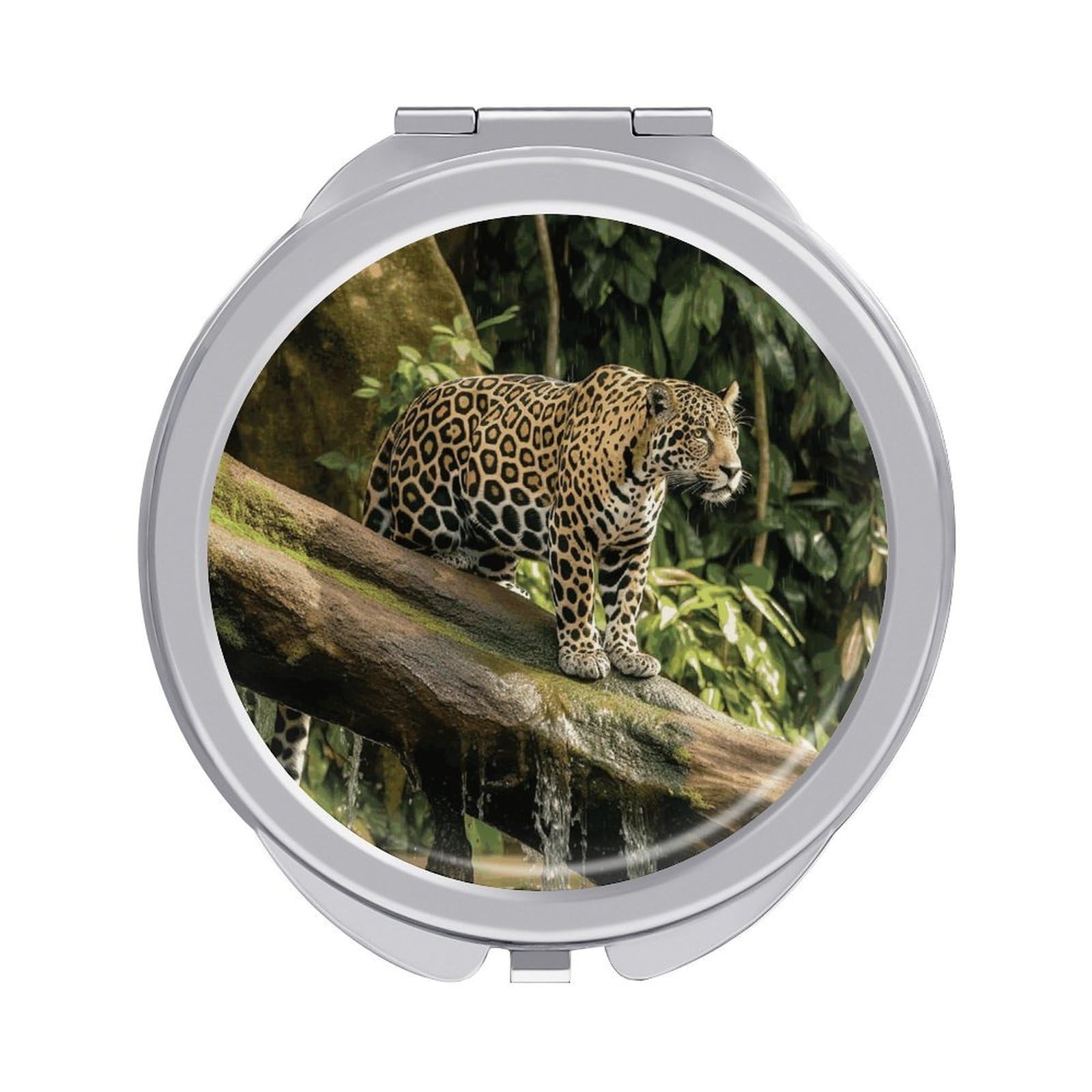 Fekiloot Style Jaguar Cat On Tree Trunk Waterfall Travel Makeup Mirror Handheld Compact Mirror Portable Pocket Mirror Double-Sided 1X/2X Magnifying For Handbag And Purses