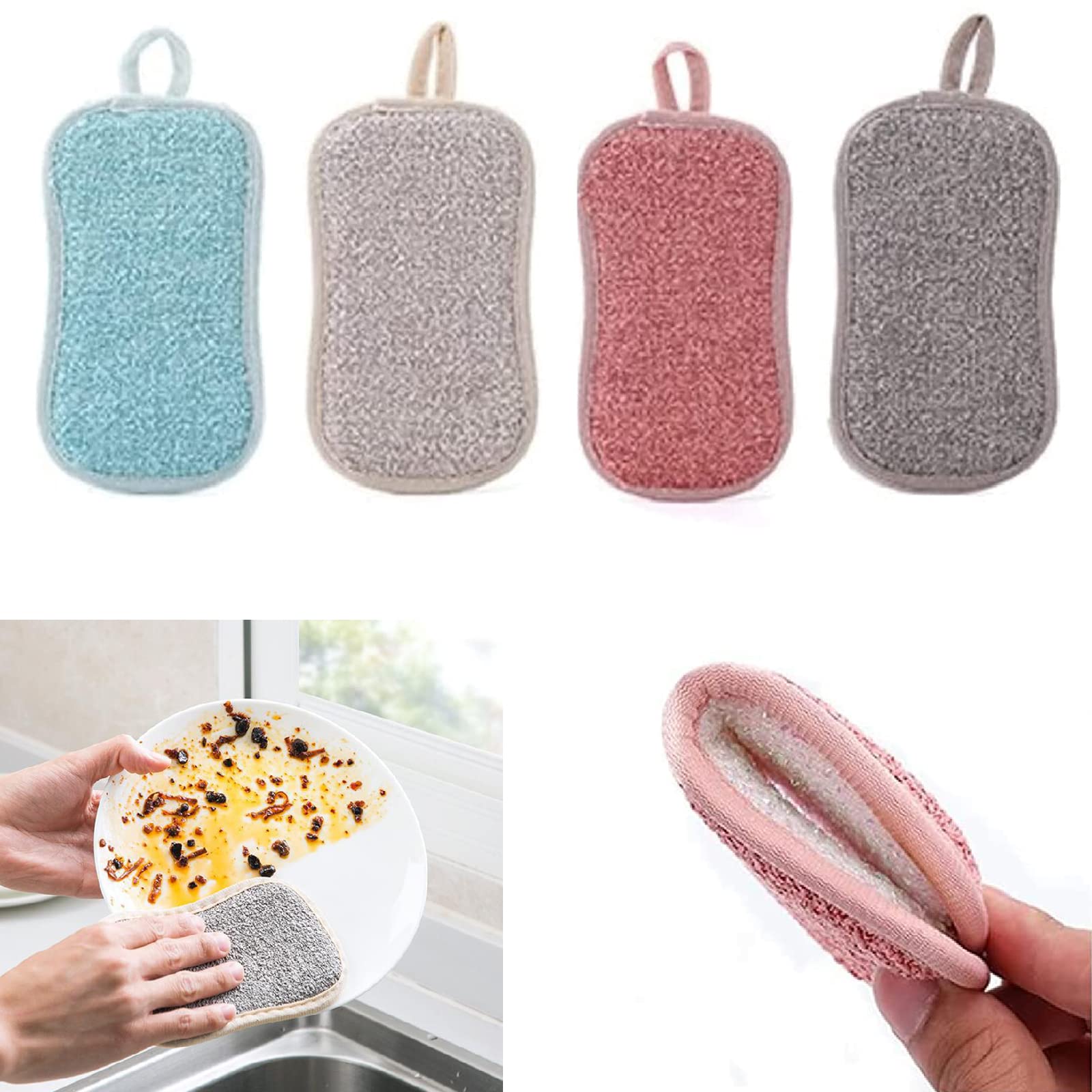 4Pcs Double Sided Kitchen Cleaning Magic Sponge, Non-Scratch Microfiber Sponge, Reusable Scouring Pad for Scrubbing Cleaning of Dishes, Pots, Pans Fiber Cloth Scrub Sponges