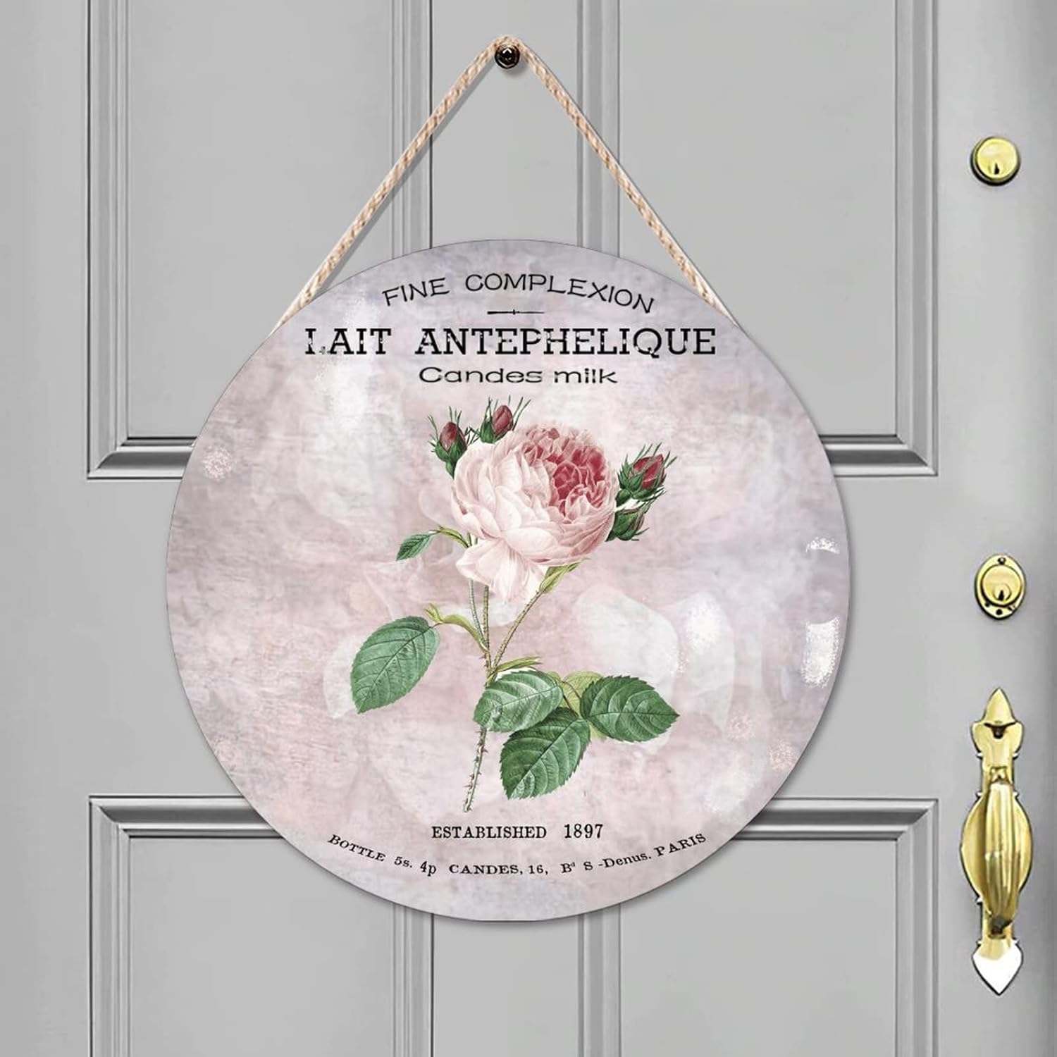 French Vintage Flower Round Door Hanger Sign, Vintage Wood Door Sign, 16x16in Rose Wall Door Hanging Sign Decor for Outdoor Front Porch Front Door Housewarming Gifts