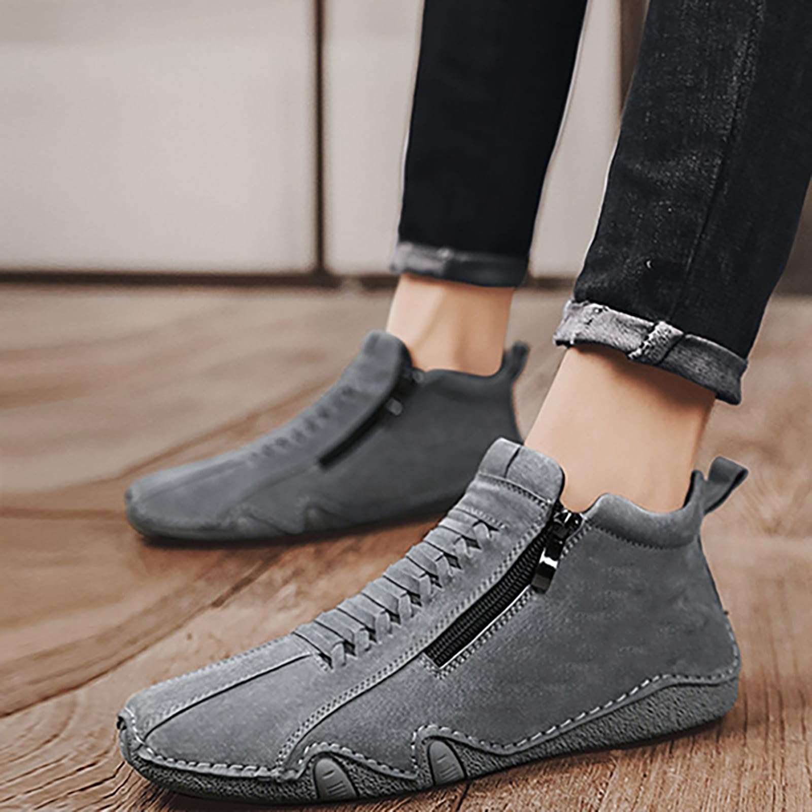 Generisch Freizeitschuhe Herren Sportlich Leder Herren Lederschuhe Mit Seitlichem Reißverschluss Walkingschuhe Ruschfest Sneaker Hochschaft Sportschuhe Flache Sohle Turnschuhe Bequem Outdoortschuhe