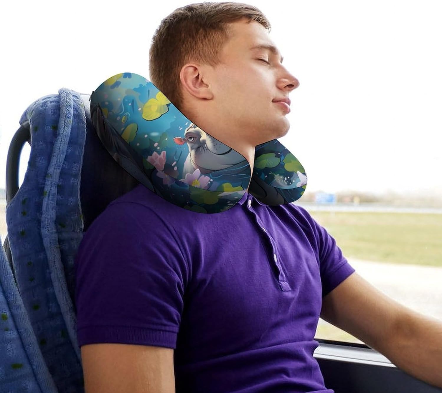 Flowers and Hippos Funny Travel Pillow U Shaped Memory Foam Neck Pillows Portable for Flight Car Home Office