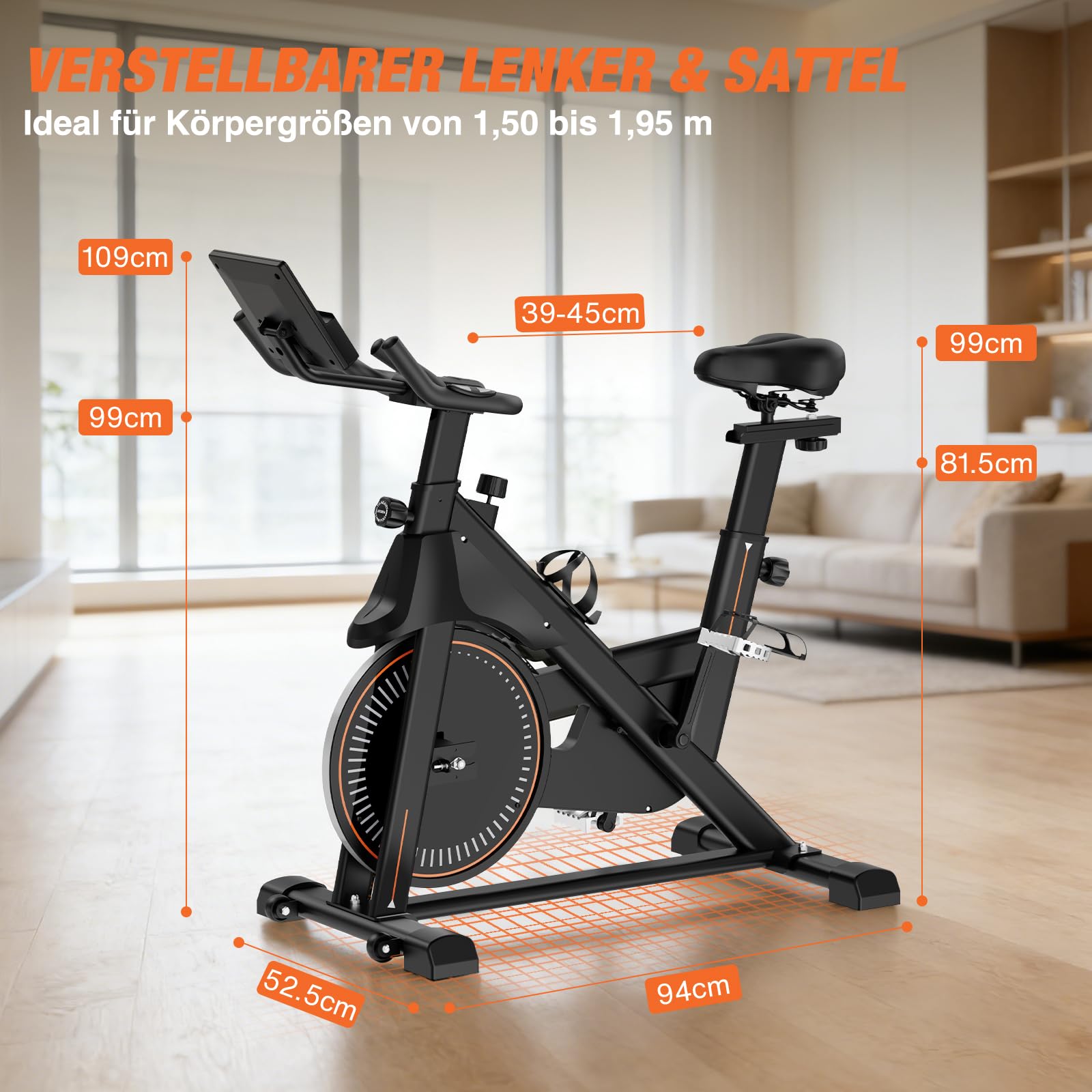 DH FitLife Heimtrainer Fahrrad Ergometer mit Pulssensor, App & LED-Display | Leiser Magnetwiderstand｜Notbremse｜Mehrgriff-Lenker｜150–195 cm｜Stahlrahmen｜Transportrollen｜Spinning Bike Indoor & Hometrainer