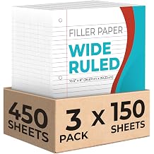 Rosmonde 450 Sheets Loose Leaf Paper, 3 Pack, Wide Ruled Filler Paper | Bulk Office Filler Paper, 8" x 10.5", 3 Hole Punched, 150 Sheets/Pack, Wide Ruled Notebook Paper for Binder, White