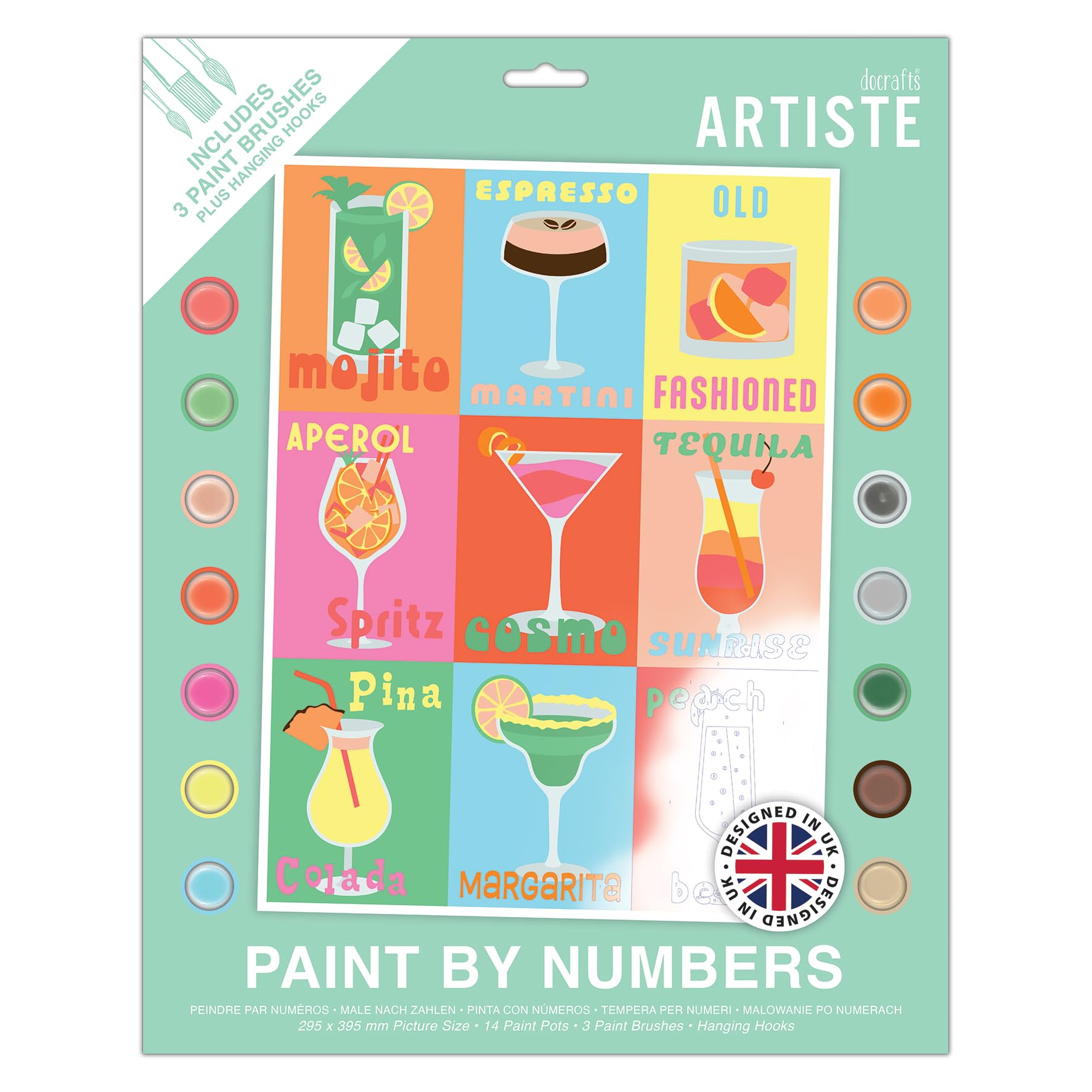 DOCRAFTS ARTISTE Large Paint by Numbers, Cocktails, Summer Craft, 395x295mm Board 14 Acrylic Colour Paint 3 Size Brush Set, Adults Craft, Hobbies Craft, Number Coded Design, Personalised Art