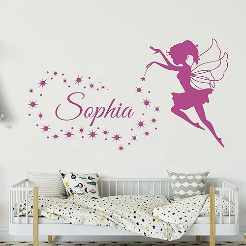 Adhesivo personalizado con nombre con hada y estrellas de vinilo, calcomanía de pared con nombre, decoración del hogar para niños, niñas,
