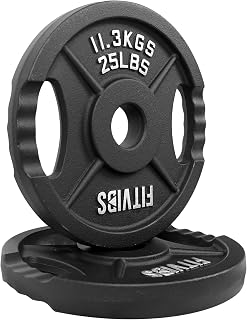 Signature Fitness 25LB Pair Olympic Cast Iron Weight Plates - 2-Inch Hole, Dual Grip Holes, Rust-Resistant for Weightlifting