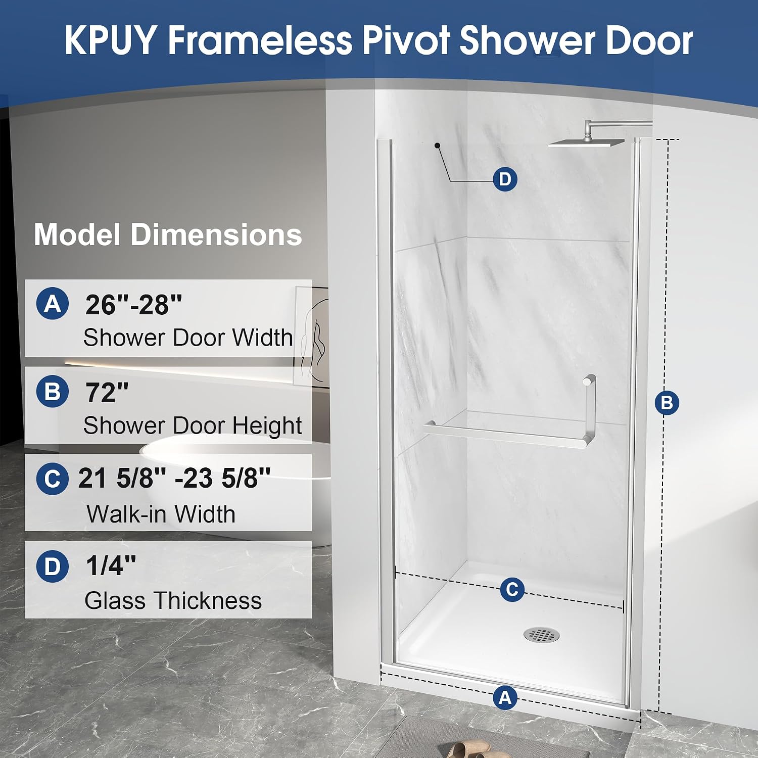 KPUY Pivot Shower Door, 26-28" W x 72" H Frameless Single Swing Glass Shower Door with Explosion-Proof Film Nano Coating, 1/4" (6mm) Thick Tempered Clear Glass, Brushed Nickel