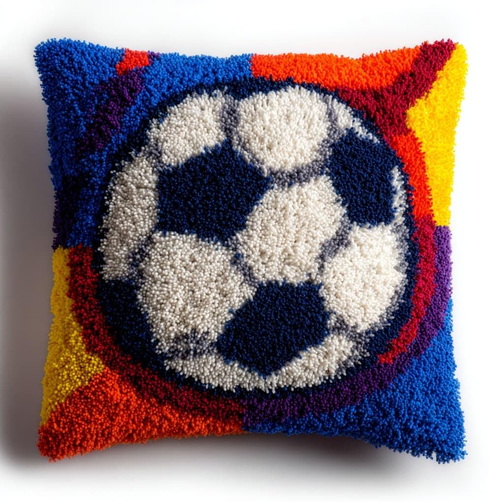 Henypt DIY Latch Hook Cushion Kit 43x43cm,Football Complete Needlecraft Set with Pre-Cut Yarn & Tools,Creative Home Decor Gift for All Ages