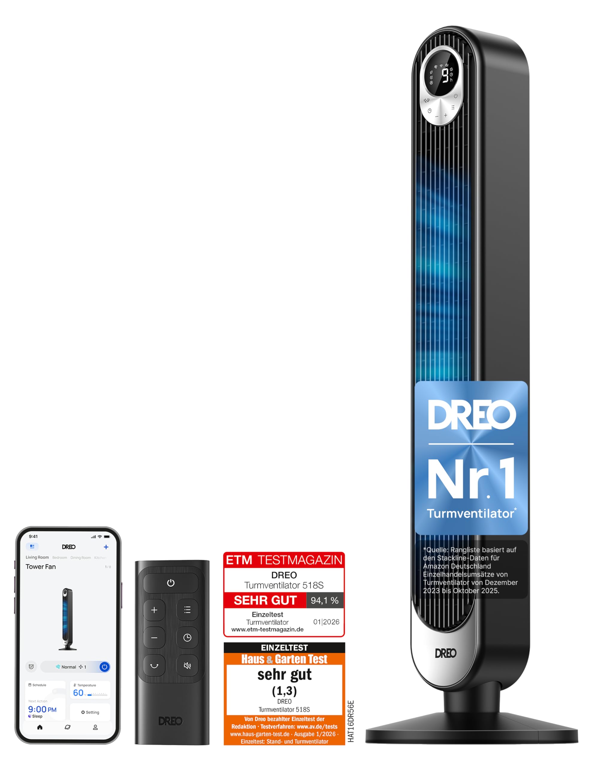 Dreo Smart Turmventilator – 90° Oszillation, Sprachsteuerung, App-Kontrolle