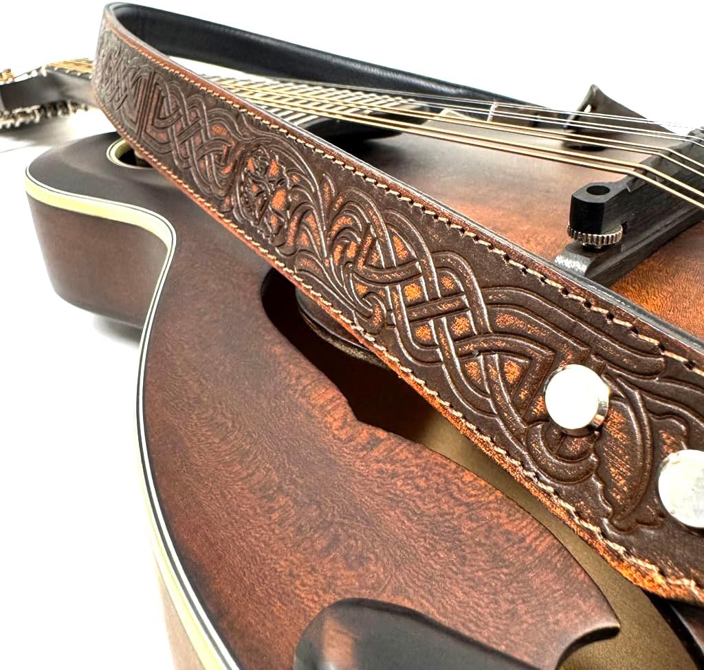 Walker And Williams M-20-BRN Bourbon Brown Leather Premium Padded Mandolin Strap With Celtic Chain Design, For Mandola, Bouzouki or Ukulele. For F And A Type Mandolins