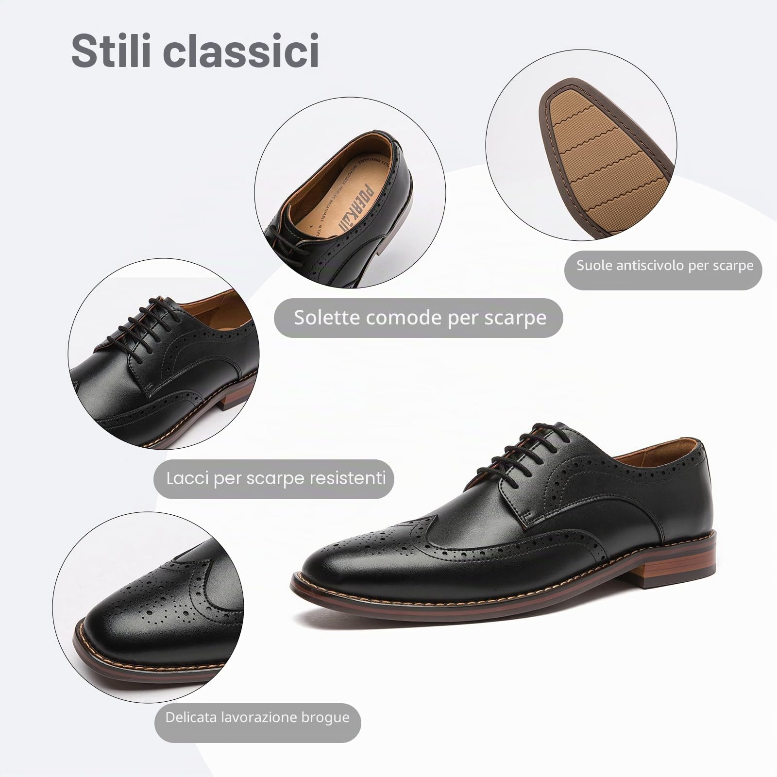 Poerkan Scarpe eleganti formali da uomo Oxford & Derby: stringate classiche in pelle nera e marrone con dettagli brogue in vernice, Nero , 45 EU