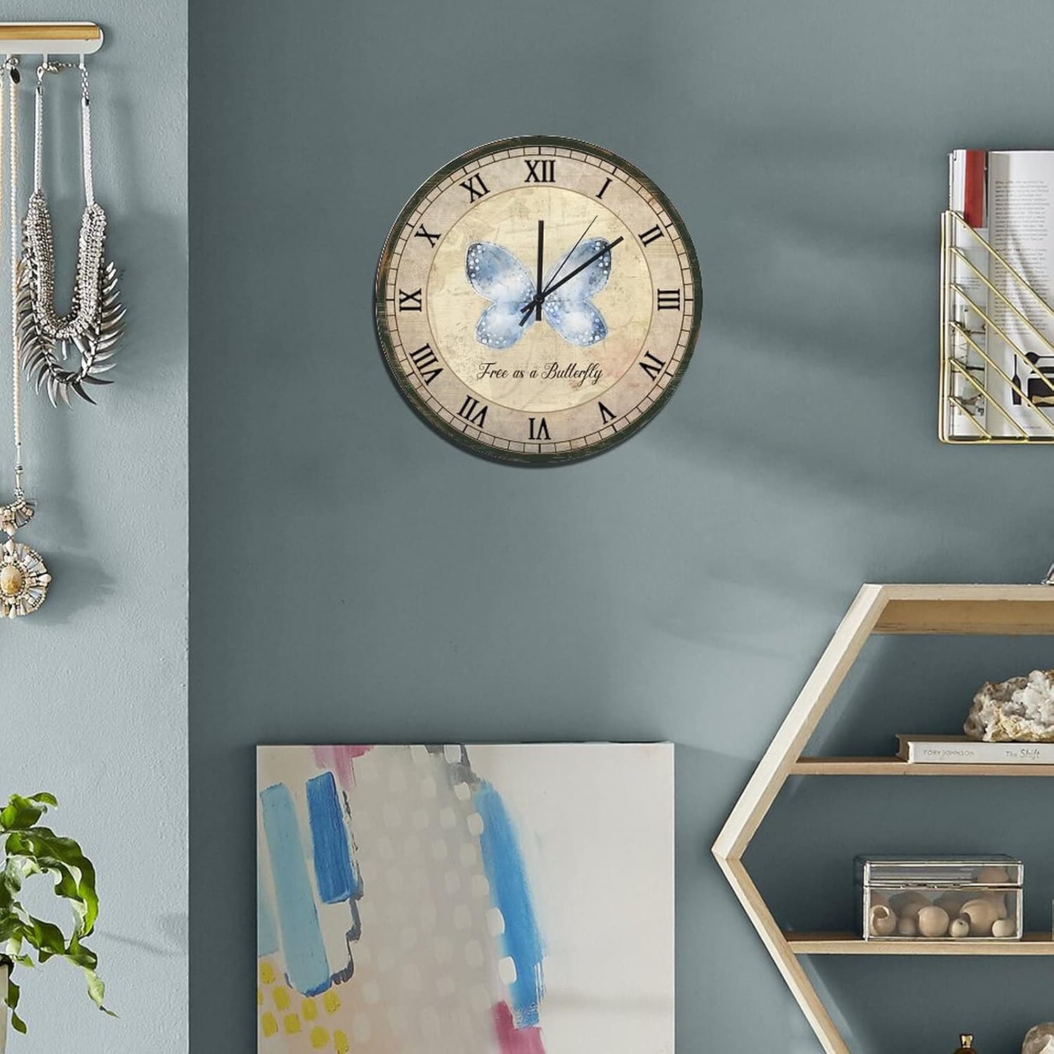 UFunhome 12-Inch Wall Clocks Free As A Butterfly Butterfly Light Blue Round Battery Operated Retro Wooden Clocks Silent Non Ticking Roman Numeral Wall Decor for Farmhouse Kitchen Bedroom Bathroom