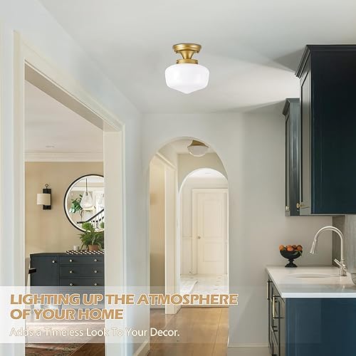 Miniatura 9 de AyshwillDec Lámpara escolar de latón de 8 pulgadas, lámpara de mediados de siglo, lámpara de vidrio de leche, lámparas de techo semiempotradas para
