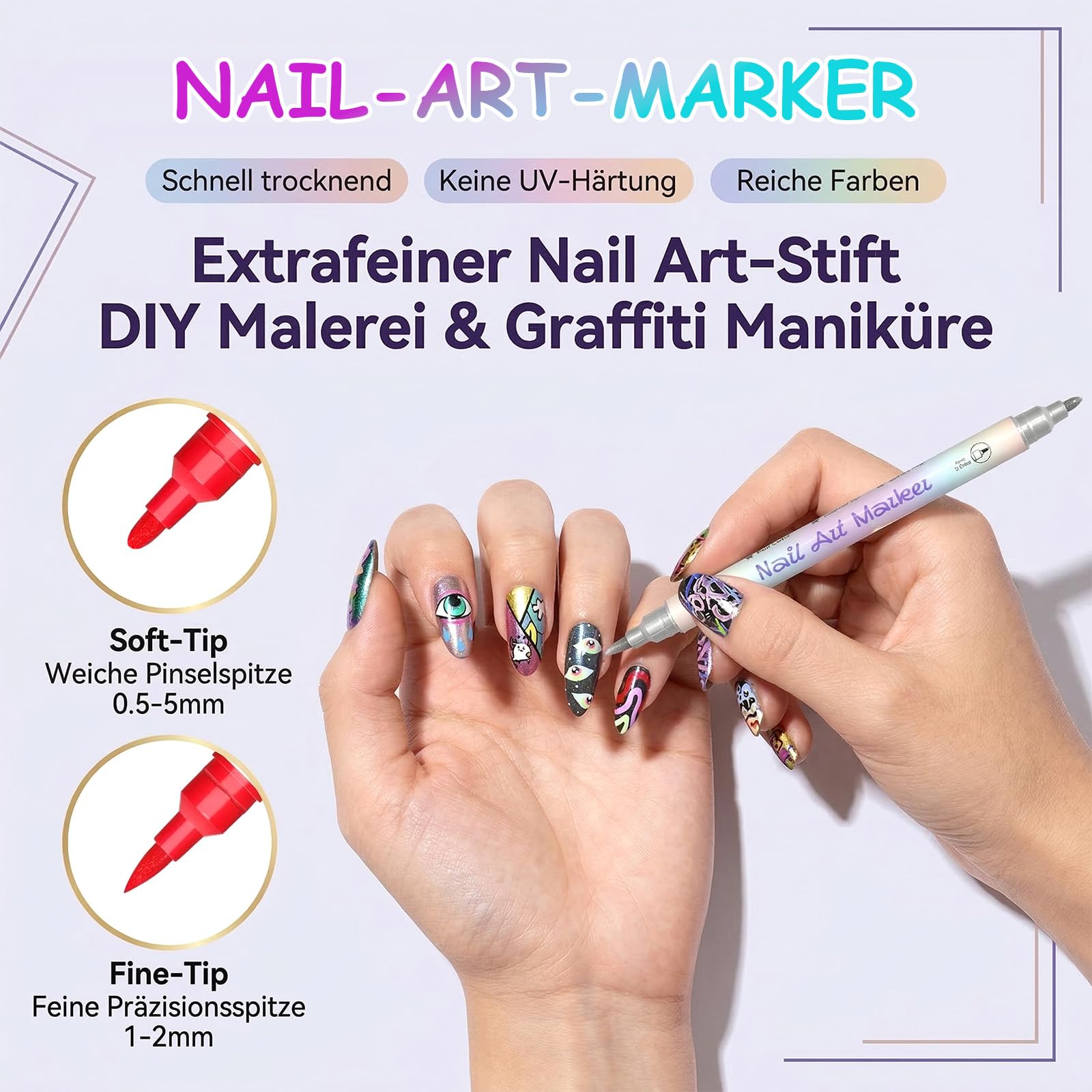 24 Farben Nagellack Stift Set, 0.5mm Nail Art Marker für 3D-Nagelkunst, Nagellackstifte für Nägel Kinder, Nageldesign für DIY Nagelkunst, Premium-Schnelltrocknungsformel