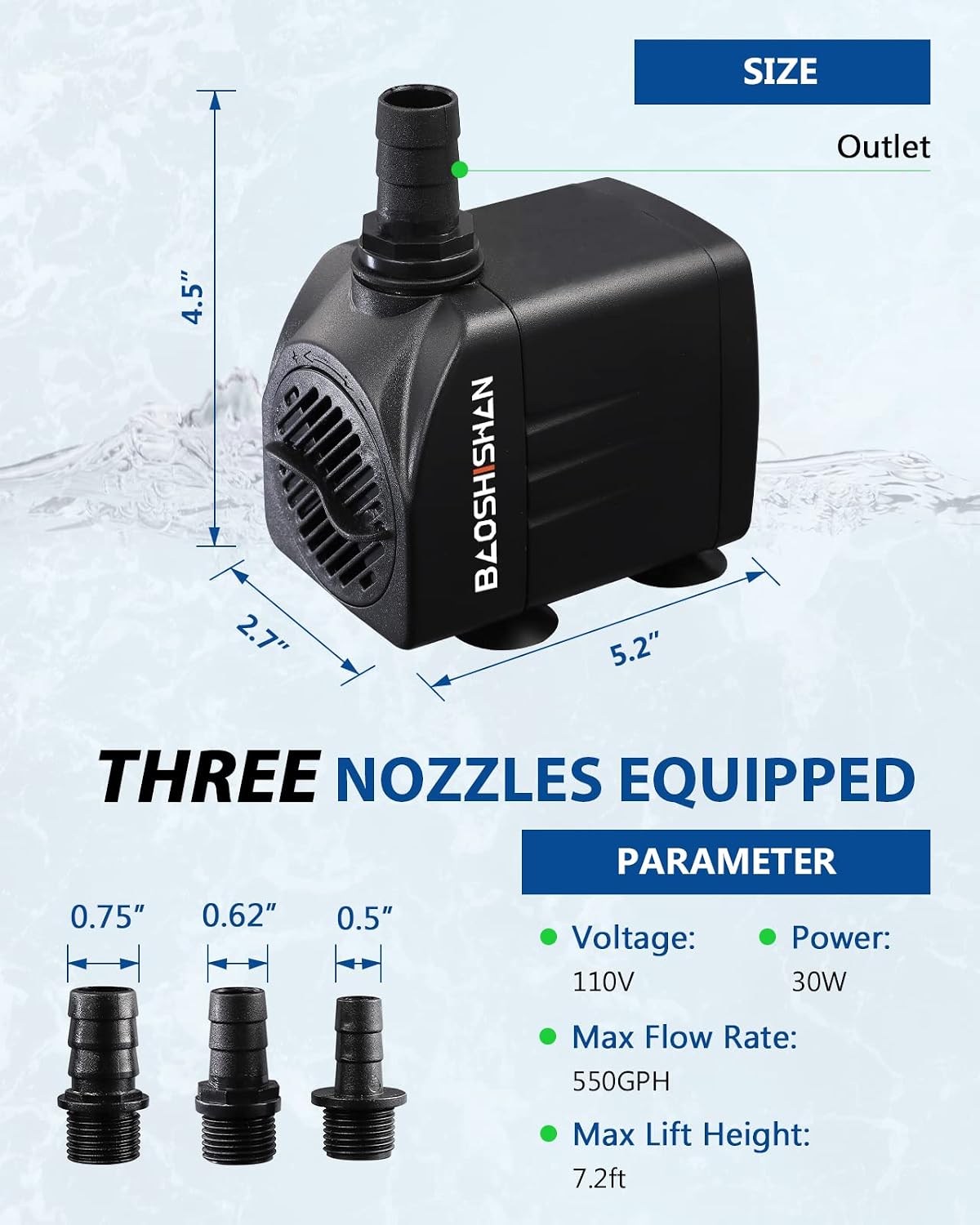 BAOSHISHAN 550GPH Submersible Pump Ultra Quiet Water Pump 2000L/H 30W with 7.2ft High Lift Fountain Pump with 6.5ft Power Cord 3 Nozzles for Fish Tank Pond Aquarium Statuary Hydroponics (550 GPH)