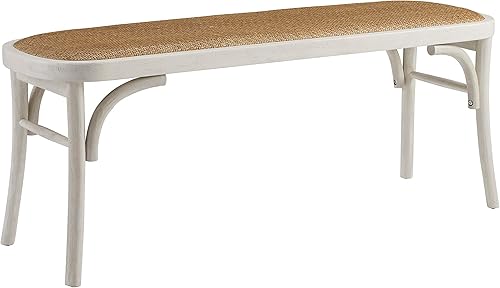 Linon Banco Hank de madera curvada blanca con asiento de ratán tejido natural