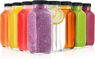 Reusable Glass Water Bottles with Caps - Juice Containers With Lids for Fridge - 12 Pack 8oz Glass Milk Bottles with Lids...