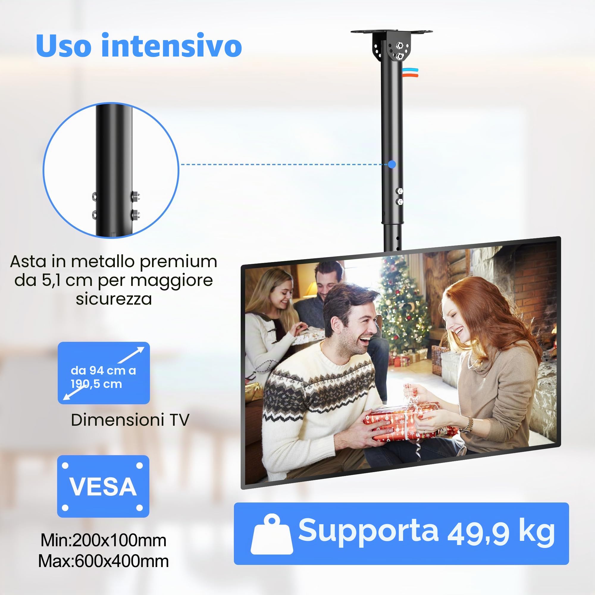 XINLEI Supporto TV a Soffitto per Display LCD LED Plasma 37-75 Pollici, Girevole e Inclinabile, Altezza Regolabile, VESA Max 600x400 mm, Portata 50 kg MC61A