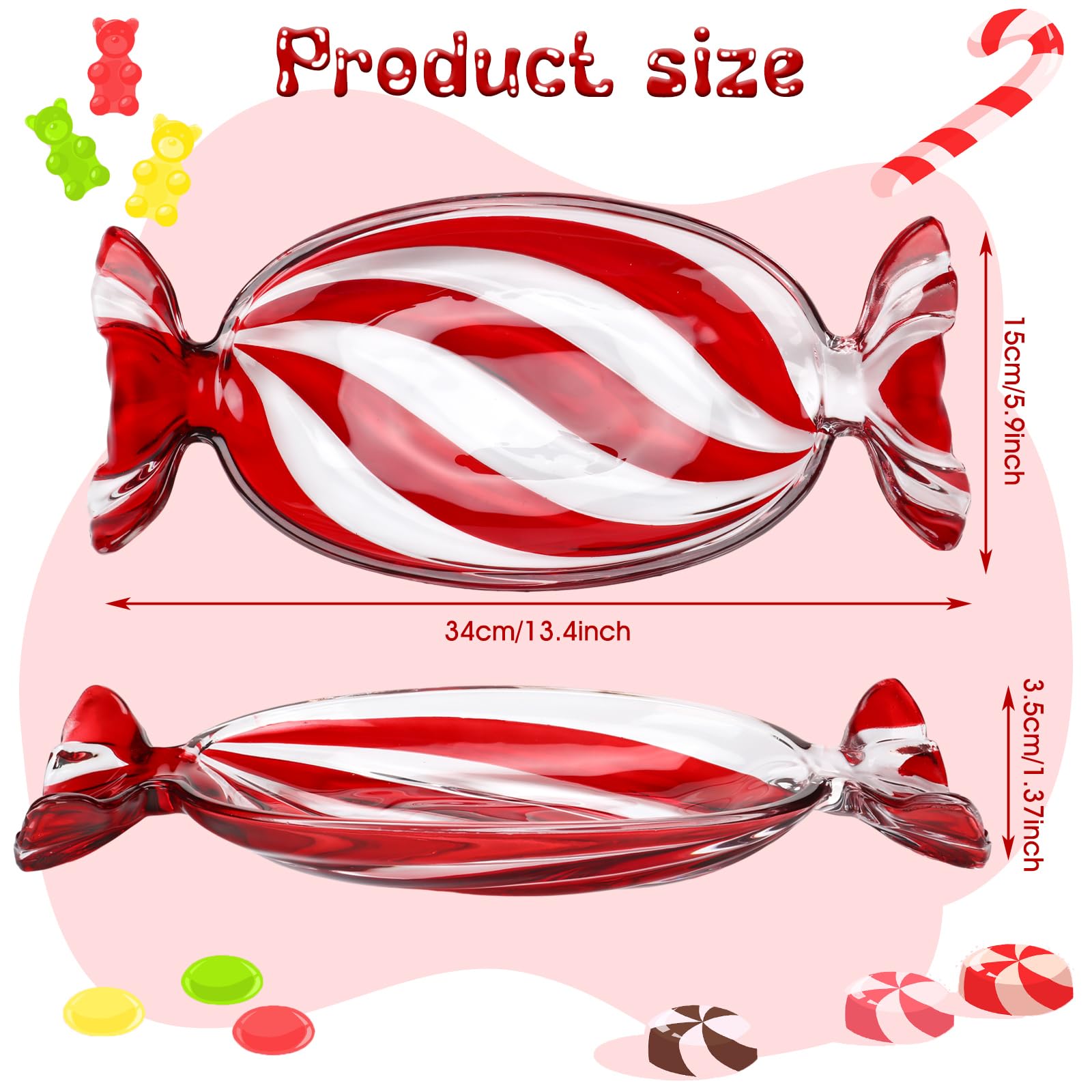 Uiifan 2 Pcs Christmas Peppermint Candy Tray Platter Christmas Crystal Glass Fruit Plates Serving Dessert Plates Tableware Red Candy Cane Christmas Dish Decorations for Xmas Holiday Party Favor