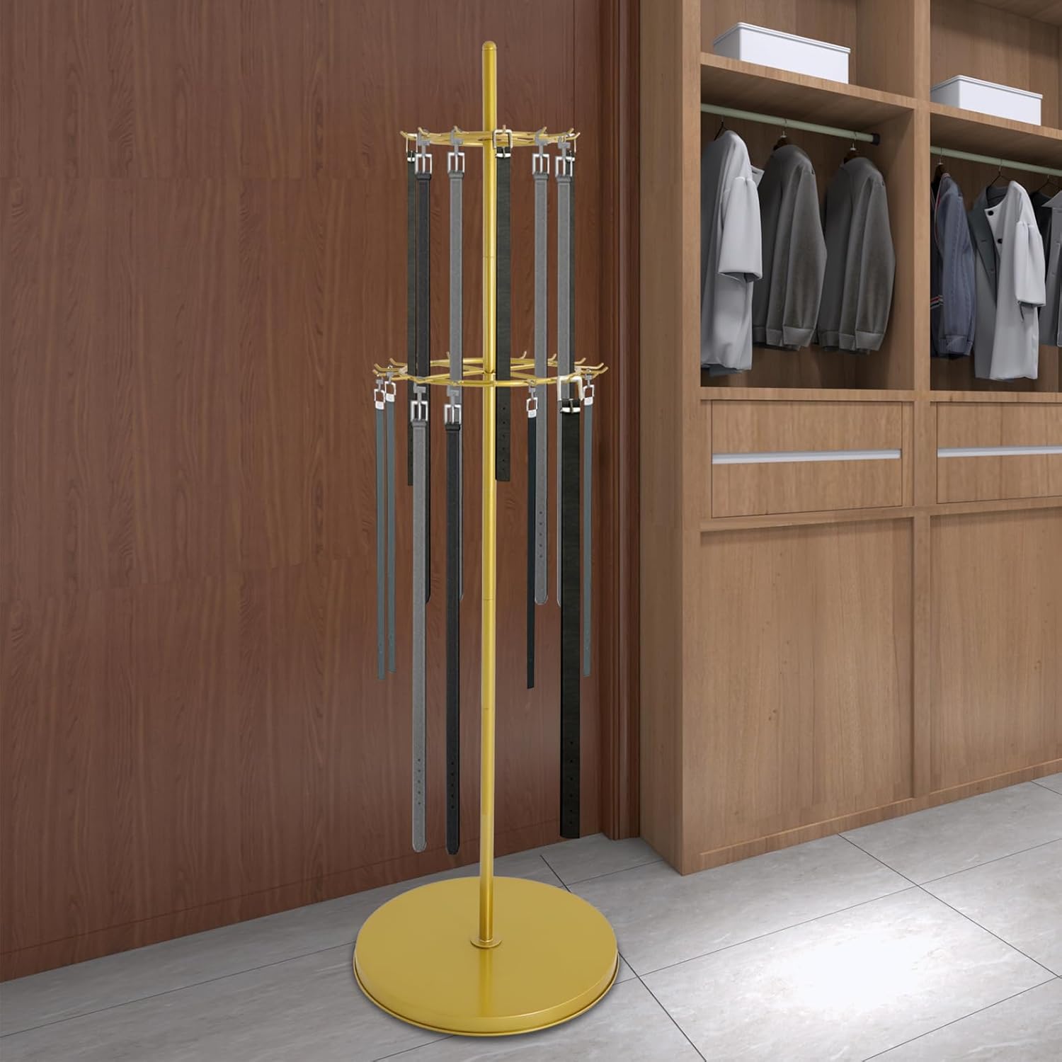 Gold Belt Display Stand, Two-Tier Floor Standing Belt Rack with 31 Hooks, 66.1 Inch Tall Modern Metal Scarf & Tie Organizer for Home & Store, 11.02 lbs Capacity (Gold, 168x50cm)