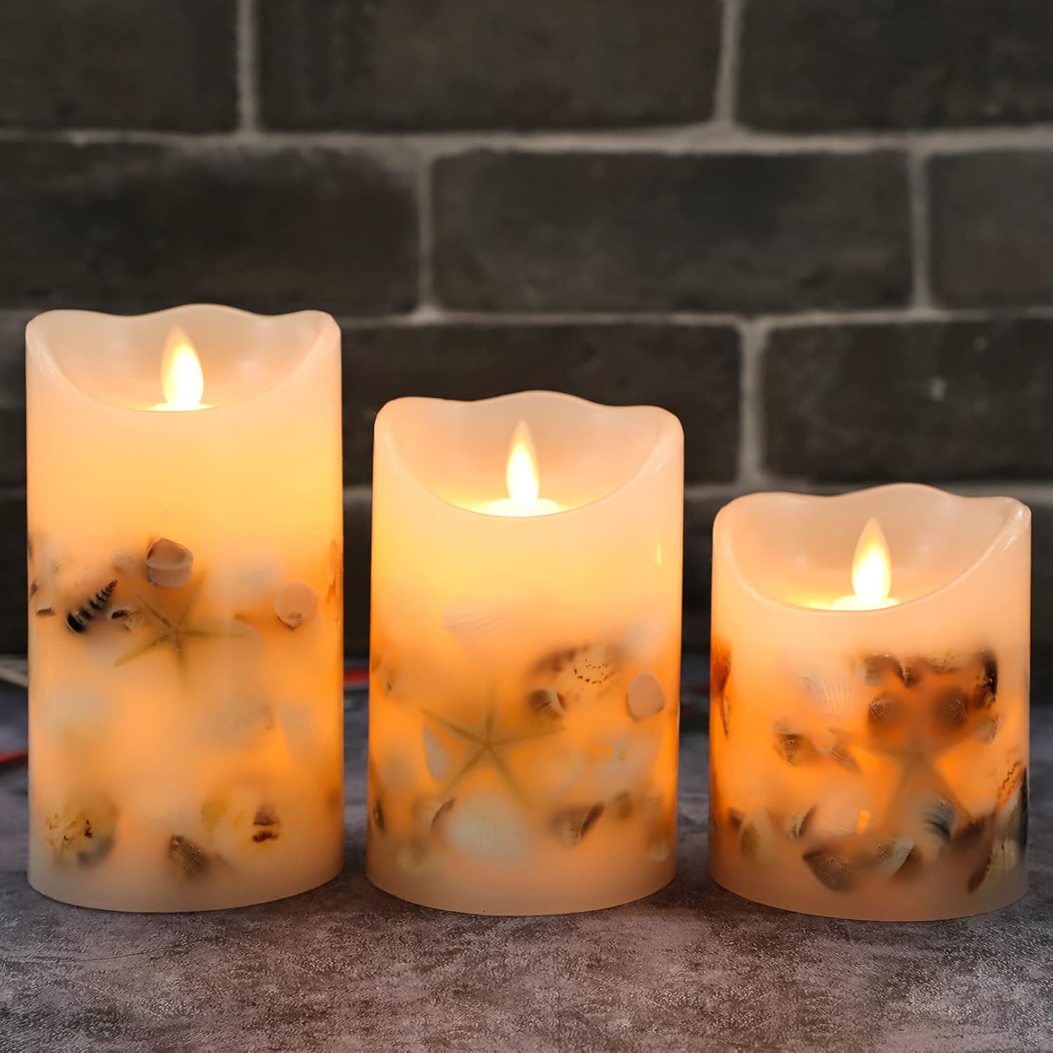 SILVERSTRO LED Flameless Candles (D 3.25" x H 4" 5" 6") with Candleholder, Nautical Theme Shell Embedded Candles with Remote, Battery Operated Candles for Party Wedding Christmas Decor : Tools & Home Improvement