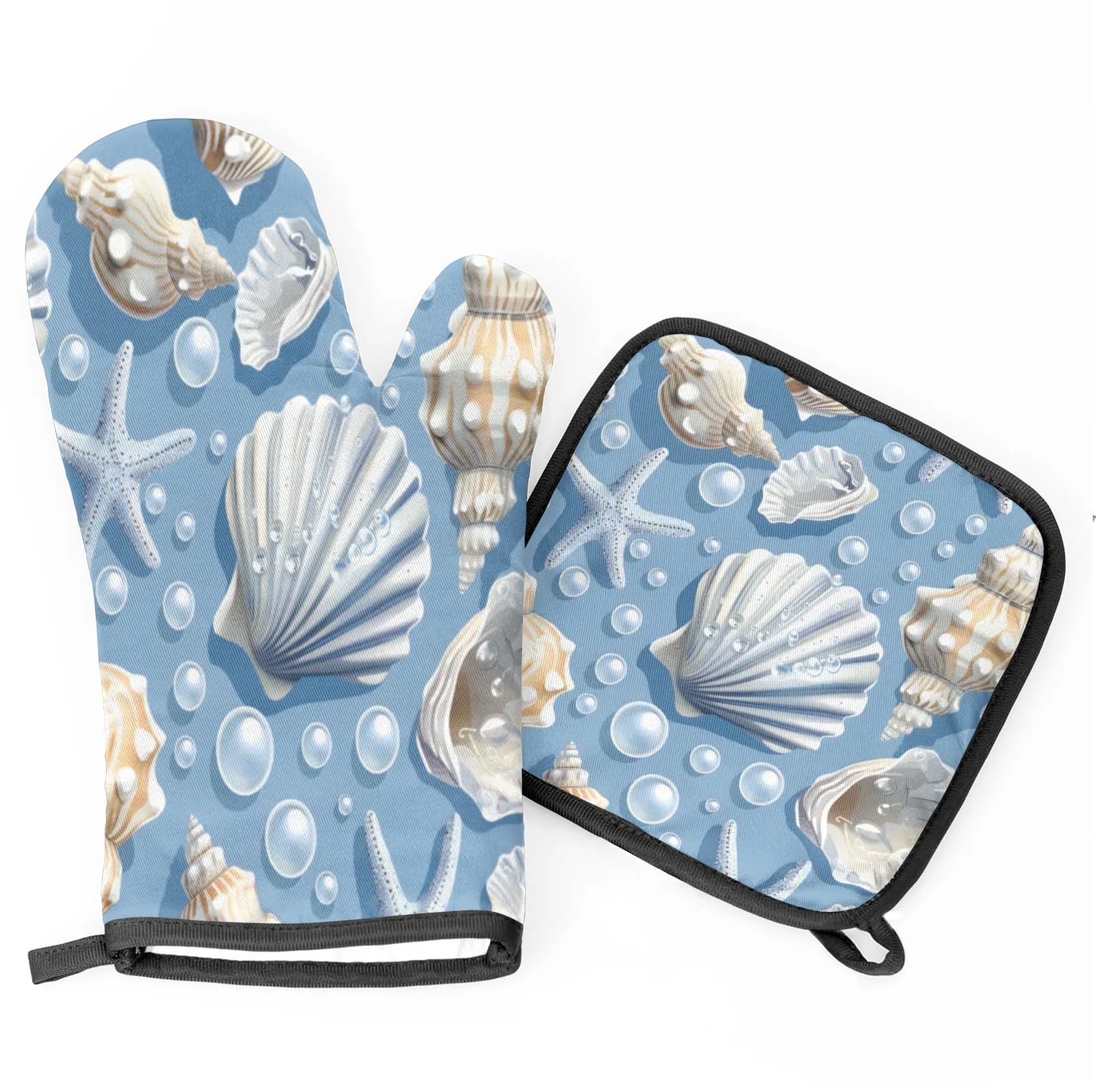 Beautiful Starfish Shell Conch Oven Mitts Kitchen Oven Gloves for Cooking Baking Heat Proof Lining Cotton Kitchen Potholder Mittens Pot Holders Hot Pads for Chef Women Men