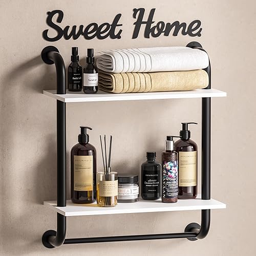 Tinpin Bathroom Shelves Wall Mounted, Rustic Farmhouse Pipe Shelves, Wall Shelves 2-Tier, Industrial Pipe Shelving, Floating Shelf Wall Decor for Bathroom, Kitchen, Bedroom, Living Room 17.3in White
